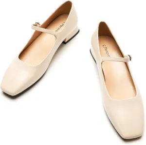 C.Paravano Women's Mary Jane Shoes Square Toe Flats for Women Ballet Flats with Strap Dressy Casual Work Office Party, Low Block Heels Mary Jane Pumps(Ivory,7)