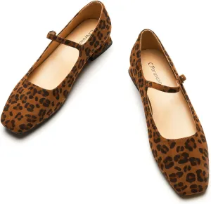 C.Paravano Women's Mary Jane Shoes Square Toe Flats for Women Ballet Flats with Strap Dressy Casual Work Office Party, Low Block Heels Mary Jane Pumps(Leopard,8.5)