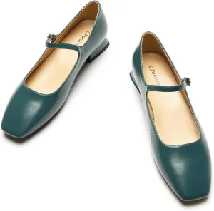 C.Paravano Women's Mary Jane Shoes Square Toe Flats for Women Ballet Flats with Strap Dressy Casual Work Office Party, Low Block Heels Mary Jane Pumps(Peacock,7)