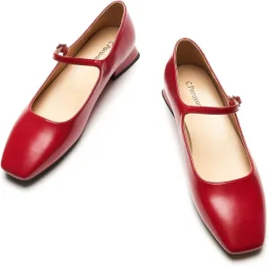 C.Paravano Women's Mary Jane Shoes Square Toe Flats for Women Ballet Flats with Strap Dressy Casual Work Office Party, Low Block Heels Mary Jane Pumps(Red,8)