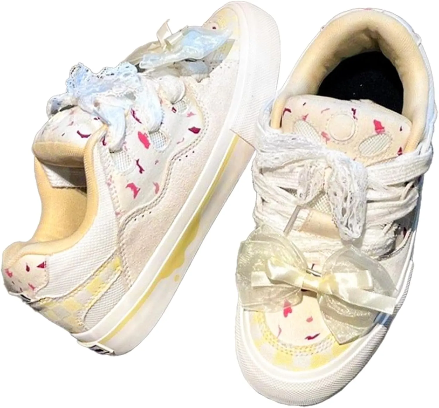 Cranberry Bow Sneakers for Women Yellow Preppy Casual Shoes Round Toe Slip-On Ballet Flats for Girls, Teens, Lovers