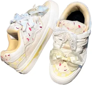 Cranberry Bow Sneakers for Women Yellow Preppy Casual Shoes Round Toe Slip-On Ballet Flats for Girls, Teens, Lovers