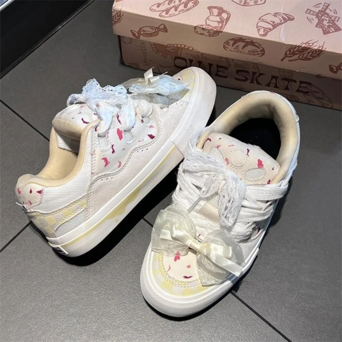 Cranberry Bow Sneakers for Women Yellow Preppy Casual Shoes Round Toe Slip-On Ballet Flats for Girls, Teens, Lovers