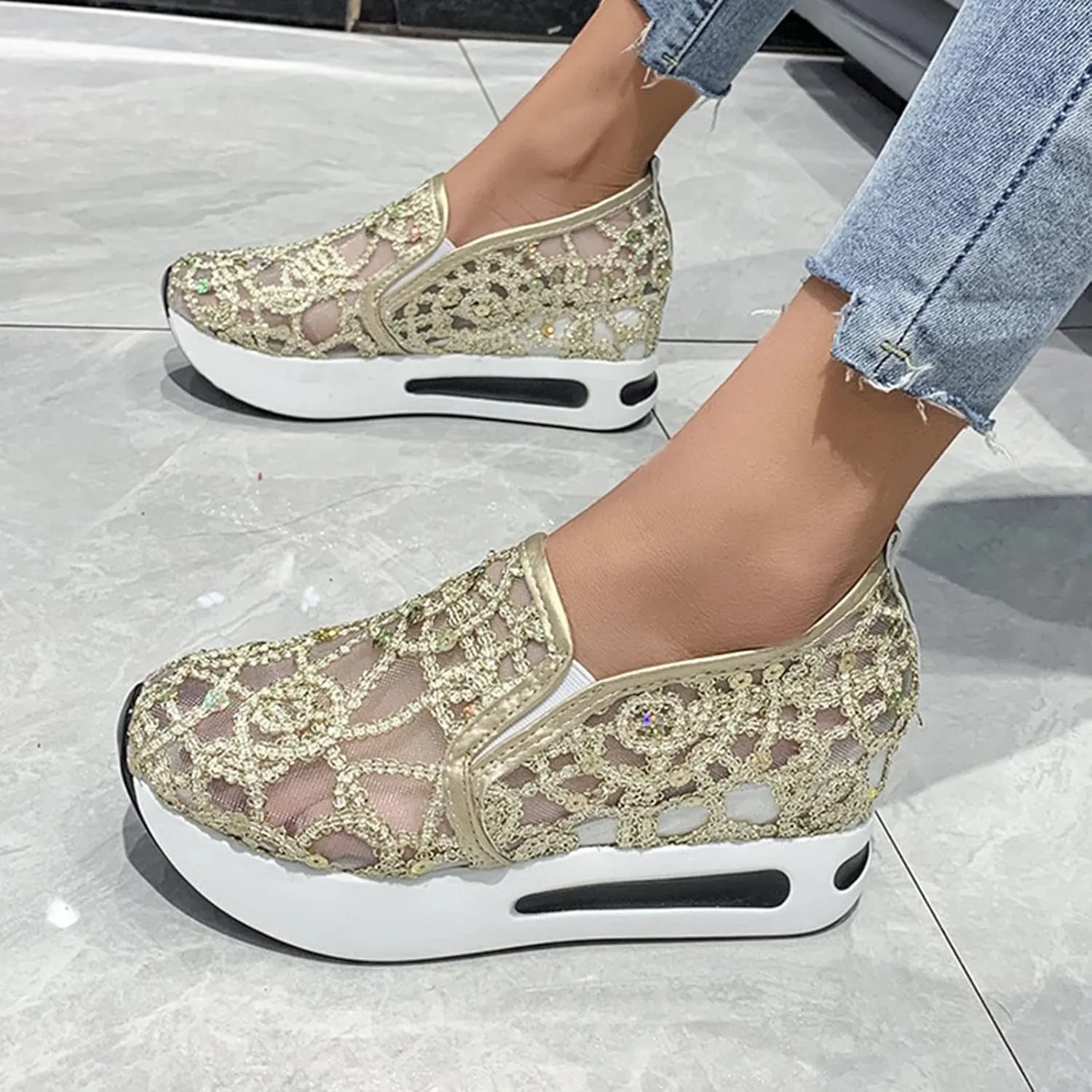 Cute Sneakers for Women Platform Wedge Glitter Shoes Sparkly Lightweight Metallic Sequins Tennis Braided Walking Shoe