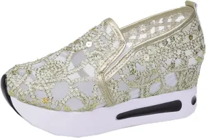 Cute Sneakers for Women Platform Wedge Glitter Shoes Sparkly Lightweight Metallic Sequins Tennis Braided Walking Shoe