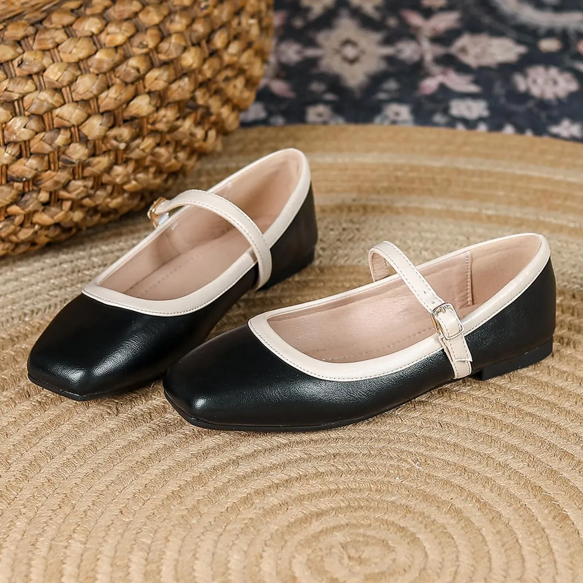 Dear Time Mary Jane Flats for Women Elegant Ballet Flats Strap Shoes Dressy Square Toe Flats Shoes