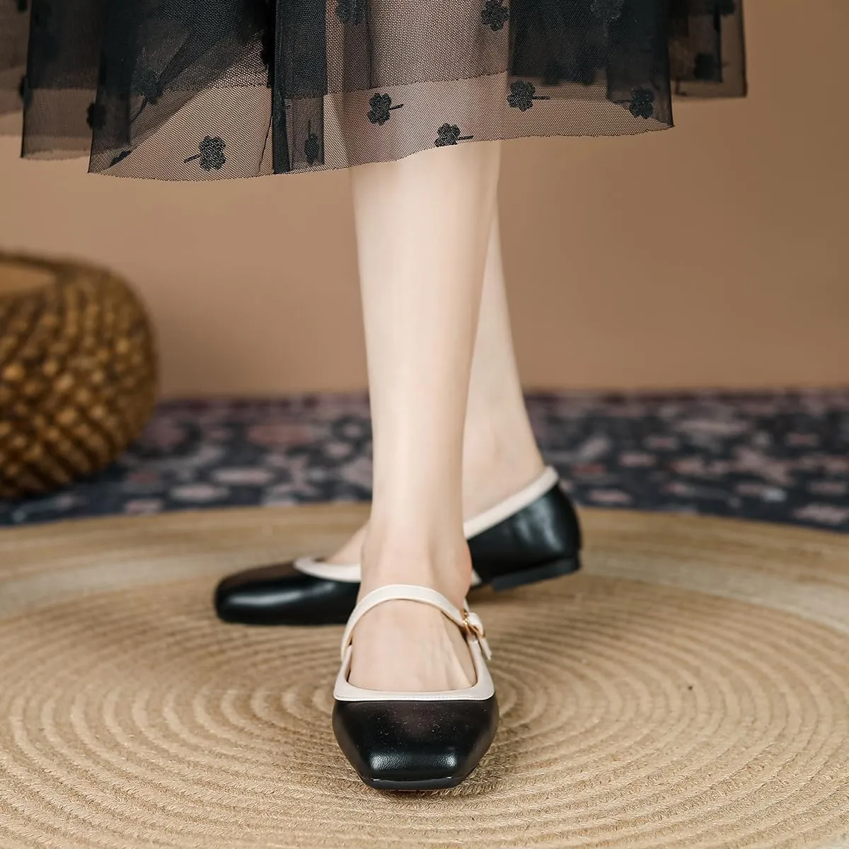 Dear Time Mary Jane Flats for Women Elegant Ballet Flats Strap Shoes Dressy Square Toe Flats Shoes