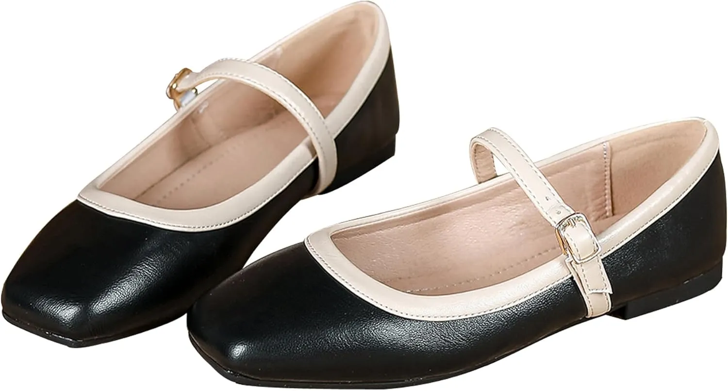 Dear Time Mary Jane Flats for Women Elegant Ballet Flats Strap Shoes Dressy Square Toe Flats Shoes