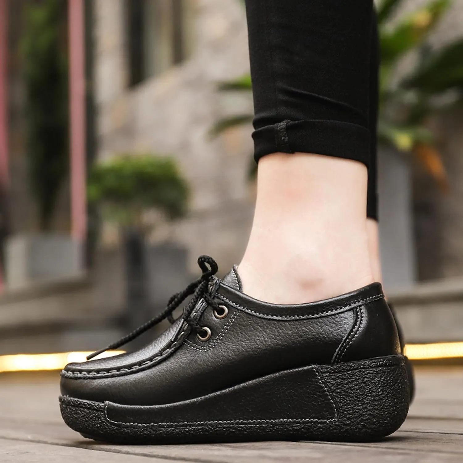 EFTCAL Women's Leather Lace Up Platform Sneakers Comfortable Round Toe Wedge Loafers Breathable Non-Slip Nurse Work Shoes with Arch Support,Rocker Shoes for Women