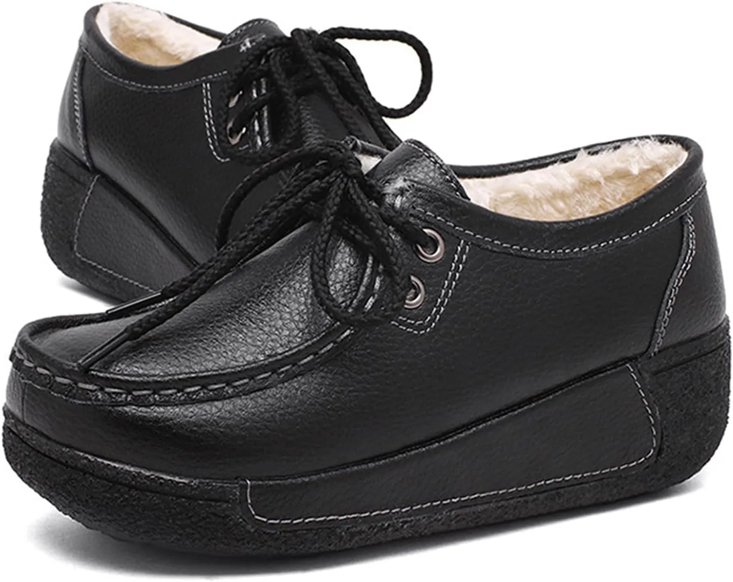 EFTCAL Women's Leather Lace Up Platform Sneakers Comfortable Round Toe Wedge Loafers Breathable Non-Slip Nurse Work Shoes with Arch Support,Rocker Shoes for Women