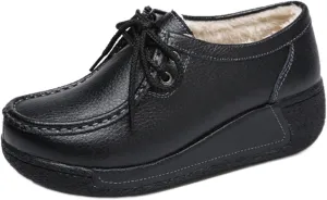 EFTCAL Women's Leather Lace Up Platform Sneakers Comfortable Round Toe Wedge Loafers Breathable Non-Slip Nurse Work Shoes with Arch Support,Rocker Shoes for Women