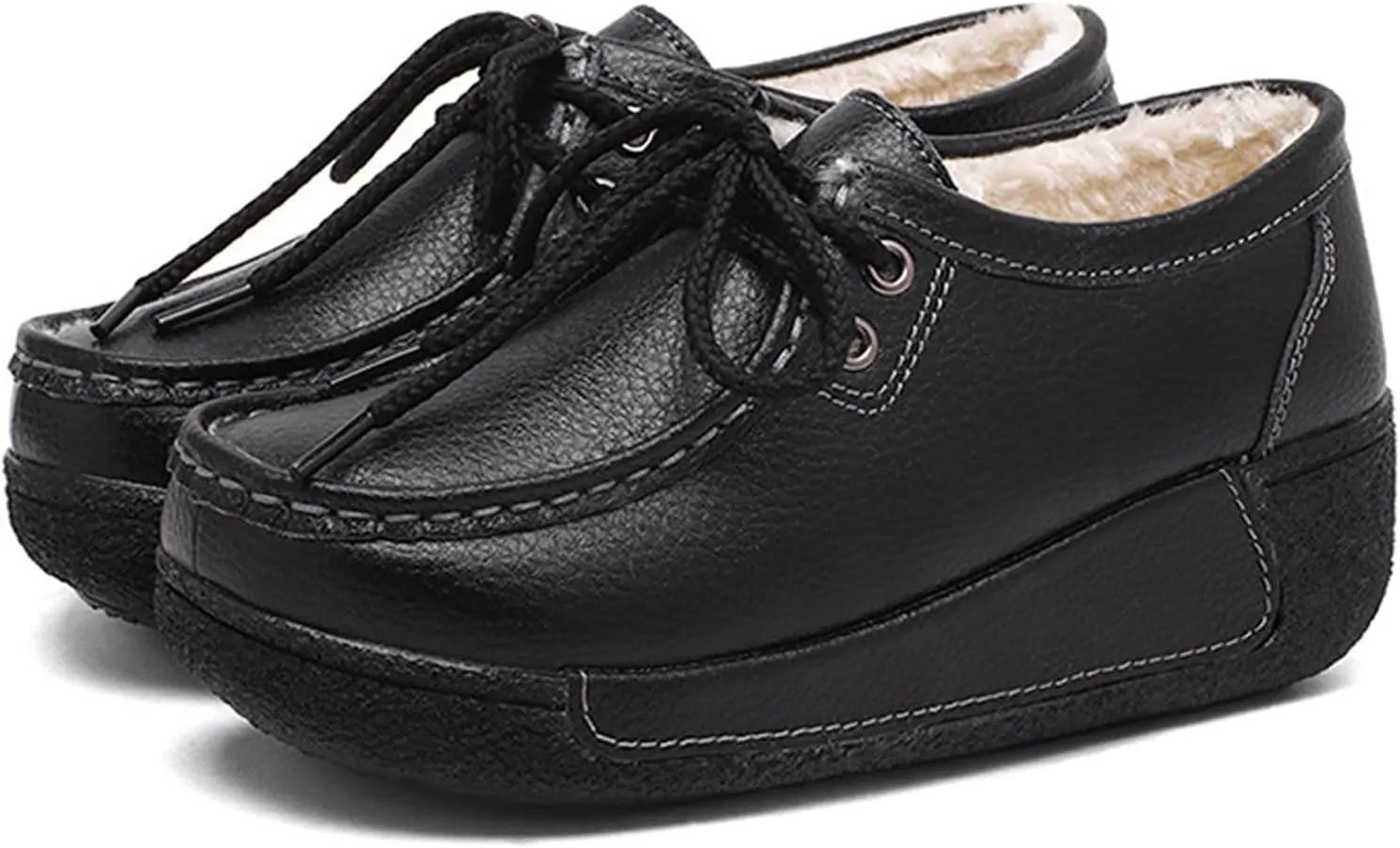 EFTCAL Women's Leather Lace Up Platform Sneakers Comfortable Round Toe Wedge Loafers Breathable Non-Slip Nurse Work Shoes with Arch Support,Rocker Shoes for Women