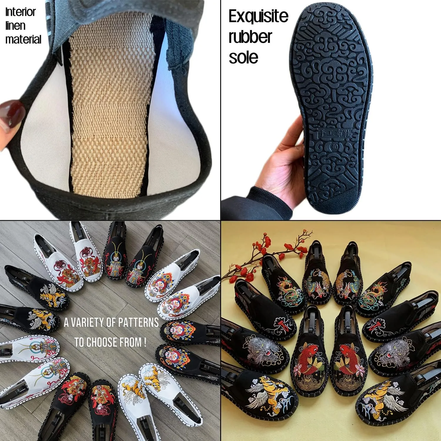 Embroidered Tai Chi Kung Fu Shoes, Unisex Canvas Martial Arts Flats, Traditional Chinese Slip-On Sneakers with Non-Slip Sole for Men and Women 12 Styles