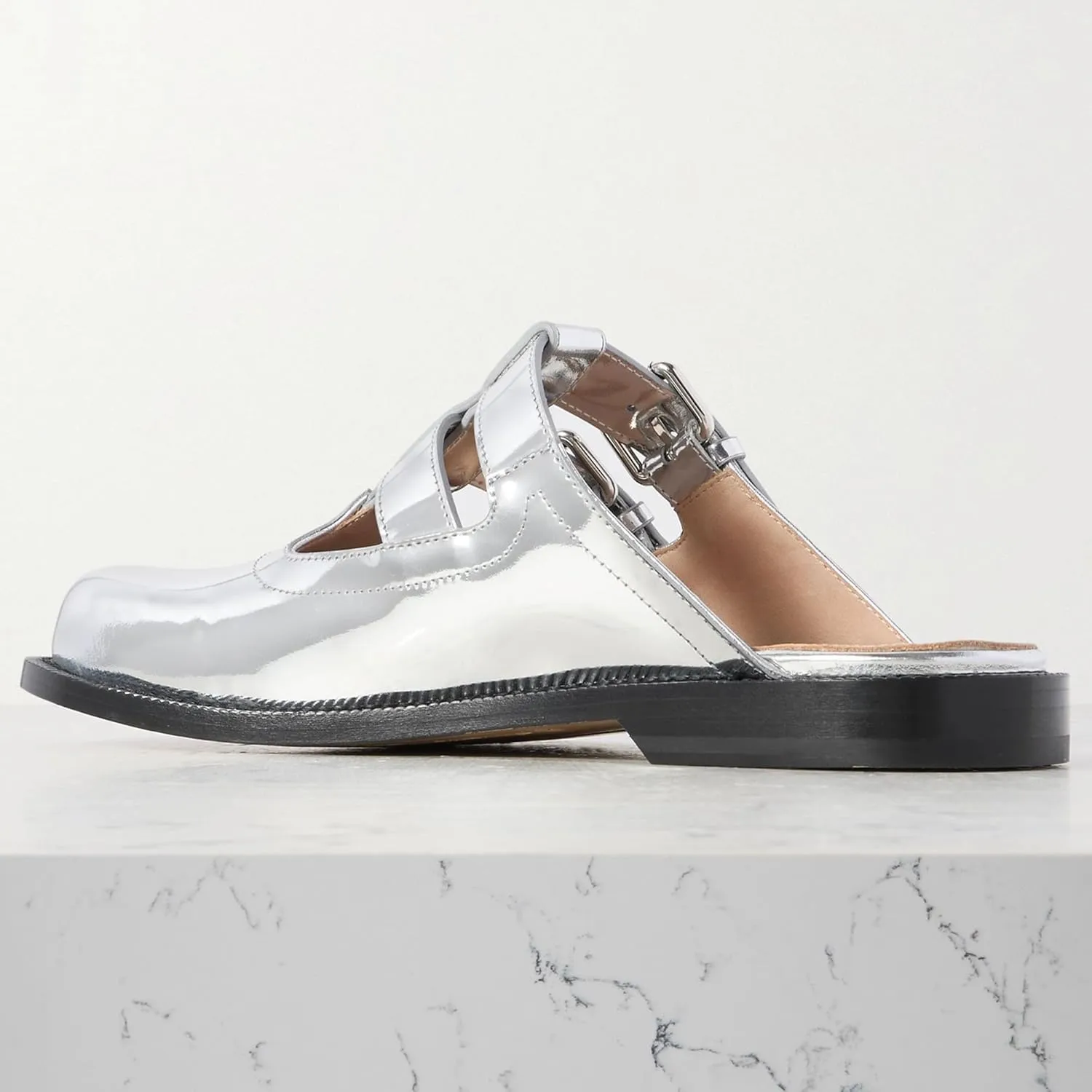 Flats Mules for Women Round Toe Low Heel Sandals Baotou Double Belt Buckle Mary Jane Flat Slip-on Backless Comfortable Casual Walking Dress Party Soft Shoes
