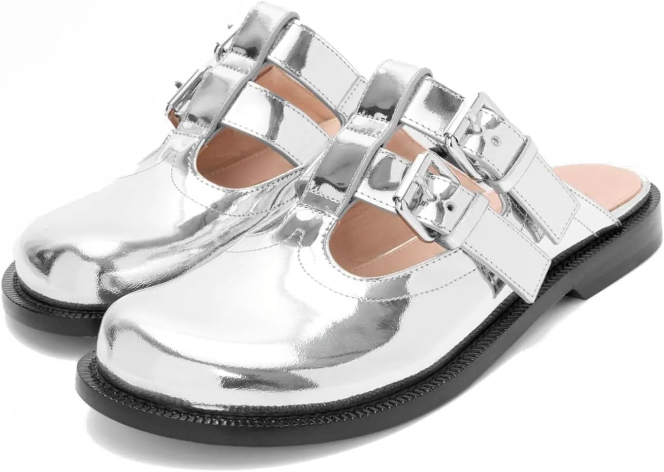 Flats Mules for Women Round Toe Low Heel Sandals Baotou Double Belt Buckle Mary Jane Flat Slip-on Backless Comfortable Casual Walking Dress Party Soft Shoes