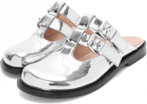 Flats Mules for Women Round Toe Low Heel Sandals Baotou Double Belt Buckle Mary Jane Flat Slip-on Backless Comfortable Casual Walking Dress Party Soft Shoes