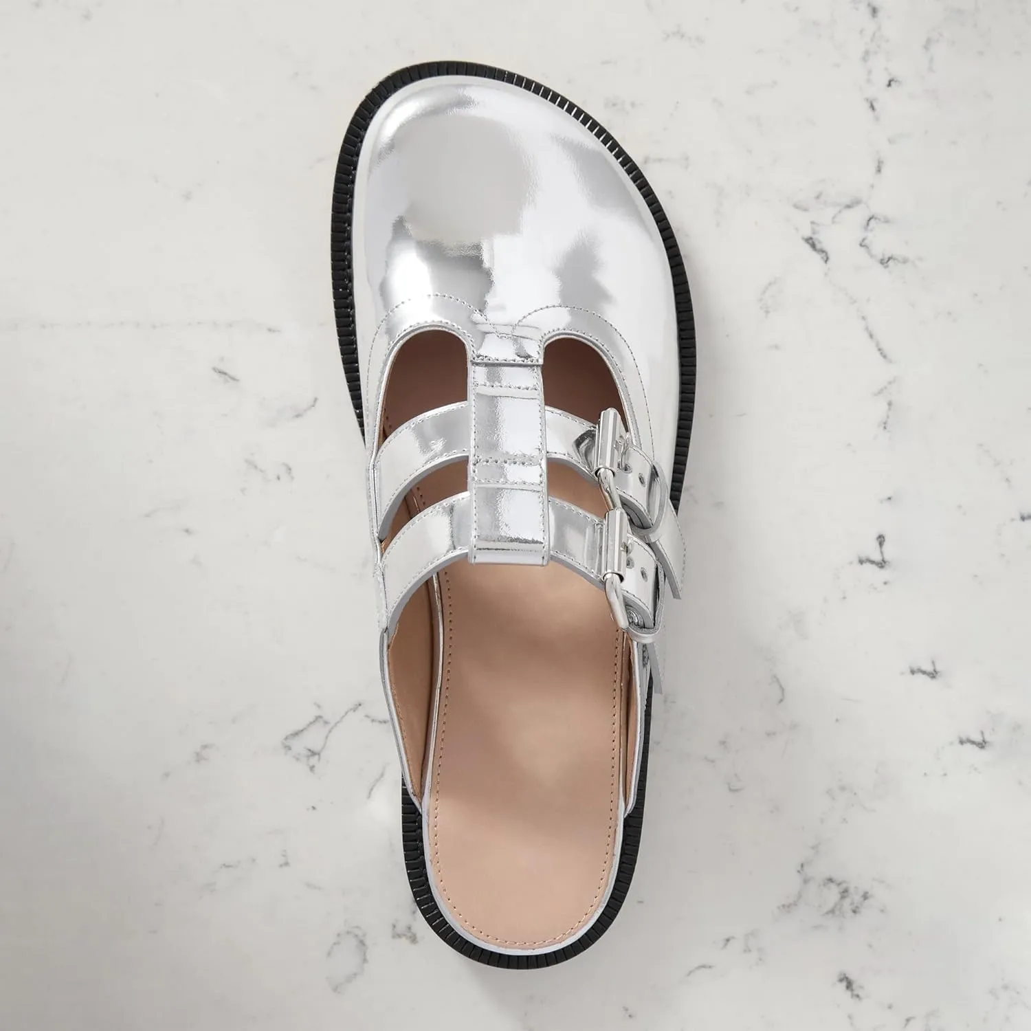Flats Mules for Women Round Toe Low Heel Sandals Baotou Double Belt Buckle Mary Jane Flat Slip-on Backless Comfortable Casual Walking Dress Party Soft Shoes