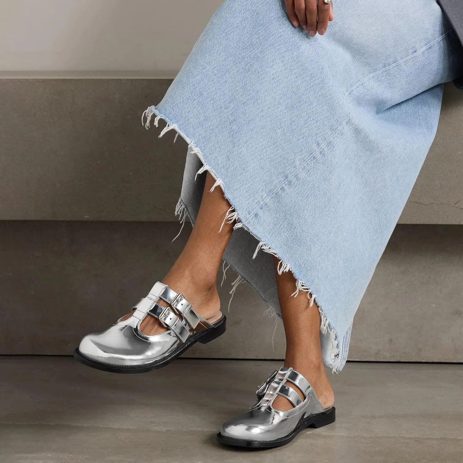 Flats Mules for Women Round Toe Low Heel Sandals Baotou Double Belt Buckle Mary Jane Flat Slip-on Backless Comfortable Casual Walking Dress Party Soft Shoes