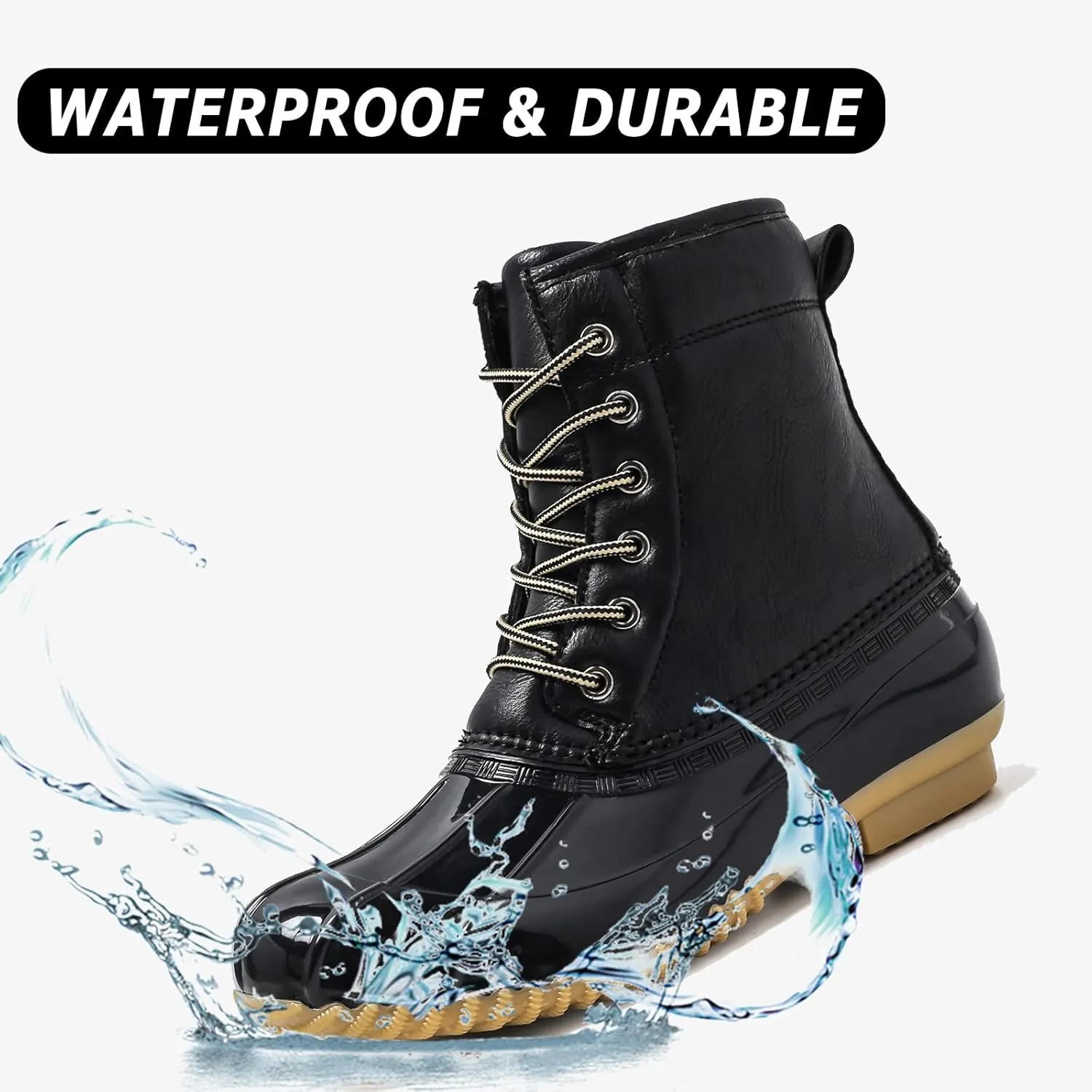 FLIOZY Women's Duck Boots Lace-Up Waterproof Snow Boots Mid-Calf Winter Boots Two Tone Rain Rubber Rain Boots