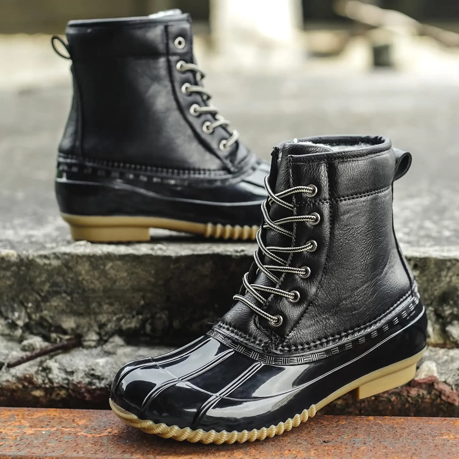 FLIOZY Women's Duck Boots Lace-Up Waterproof Snow Boots Mid-Calf Winter Boots Two Tone Rain Rubber Rain Boots