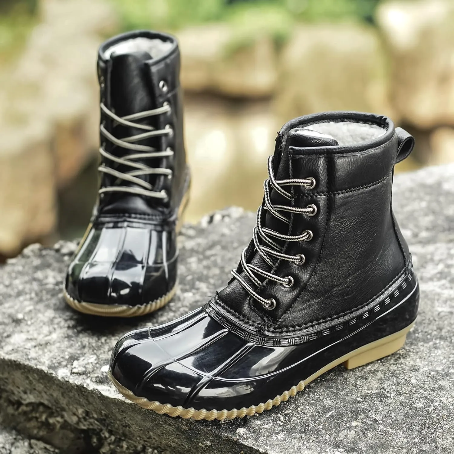 FLIOZY Women's Duck Boots Lace-Up Waterproof Snow Boots Mid-Calf Winter Boots Two Tone Rain Rubber Rain Boots