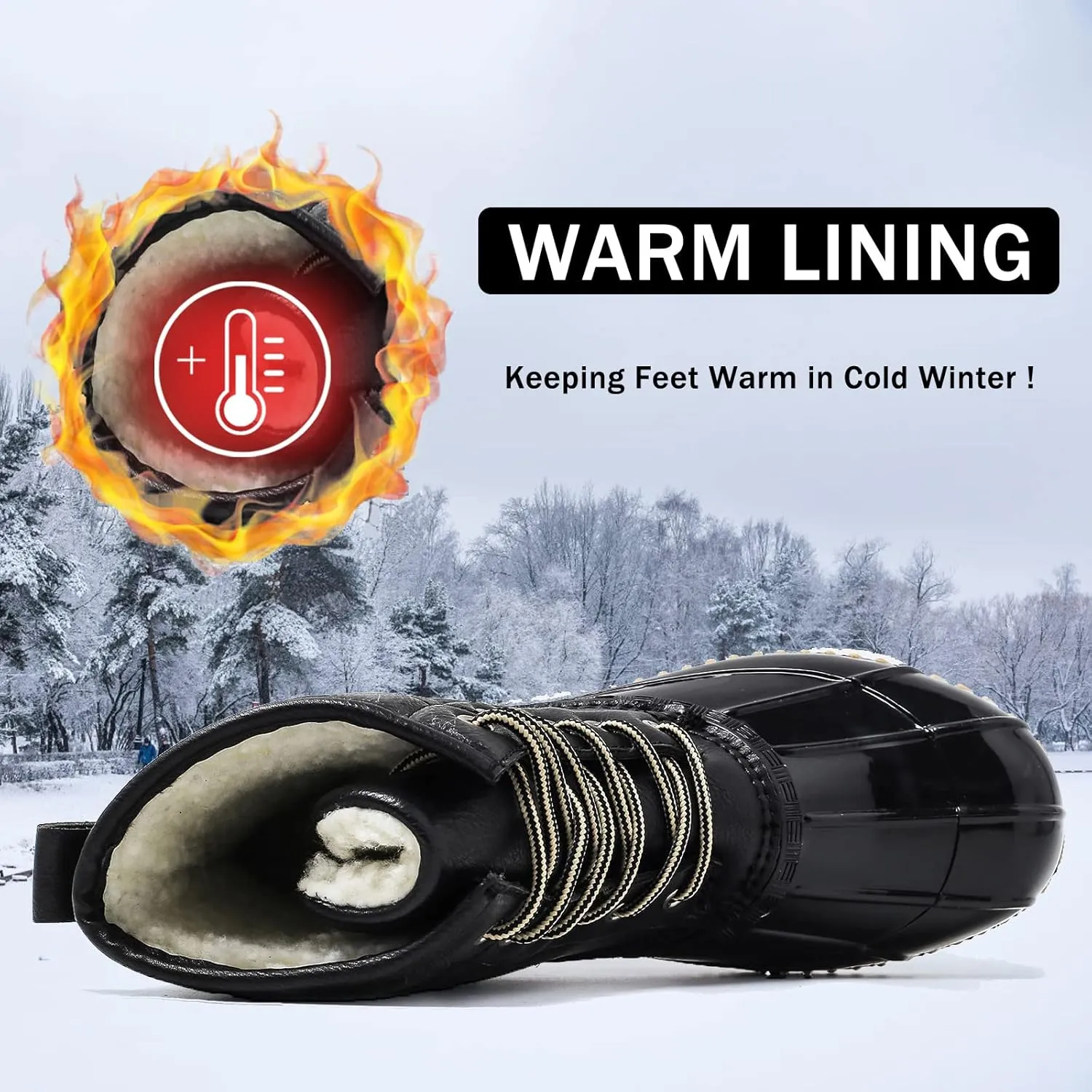 FLIOZY Women's Duck Boots Lace-Up Waterproof Snow Boots Mid-Calf Winter Boots Two Tone Rain Rubber Rain Boots
