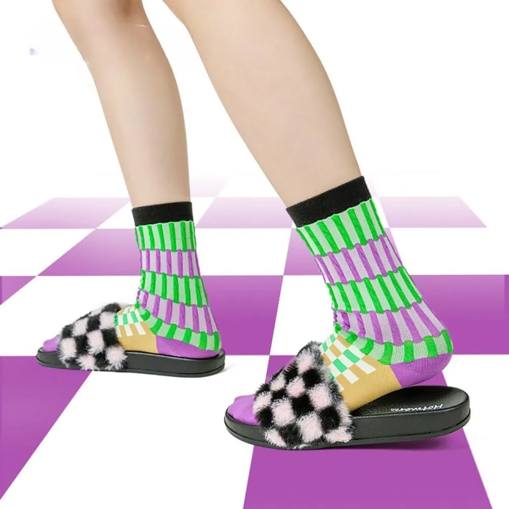 Fluffy Checkered Slippers for Women Men Kawaii Y2K Retro Trendy Non Slip Platform Flats Wide Open Toe Comfort Wear Shoes Cozy Memory Foam Matching Slippers for Couples Mothers Days Gifts