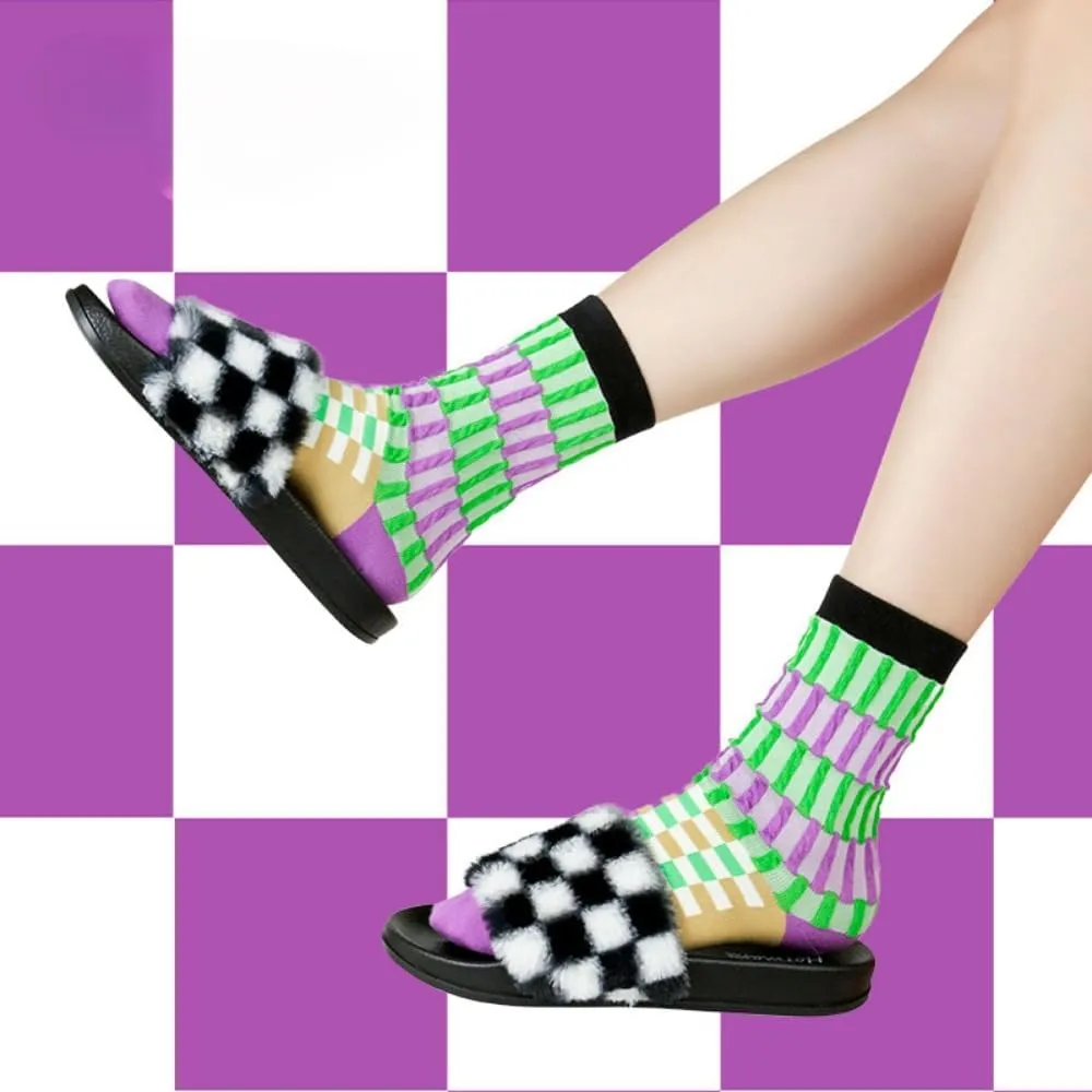 Fluffy Checkered Slippers for Women Men Kawaii Y2K Retro Trendy Non Slip Platform Flats Wide Open Toe Comfort Wear Shoes Cozy Memory Foam Matching Slippers for Couples Mothers Days Gifts