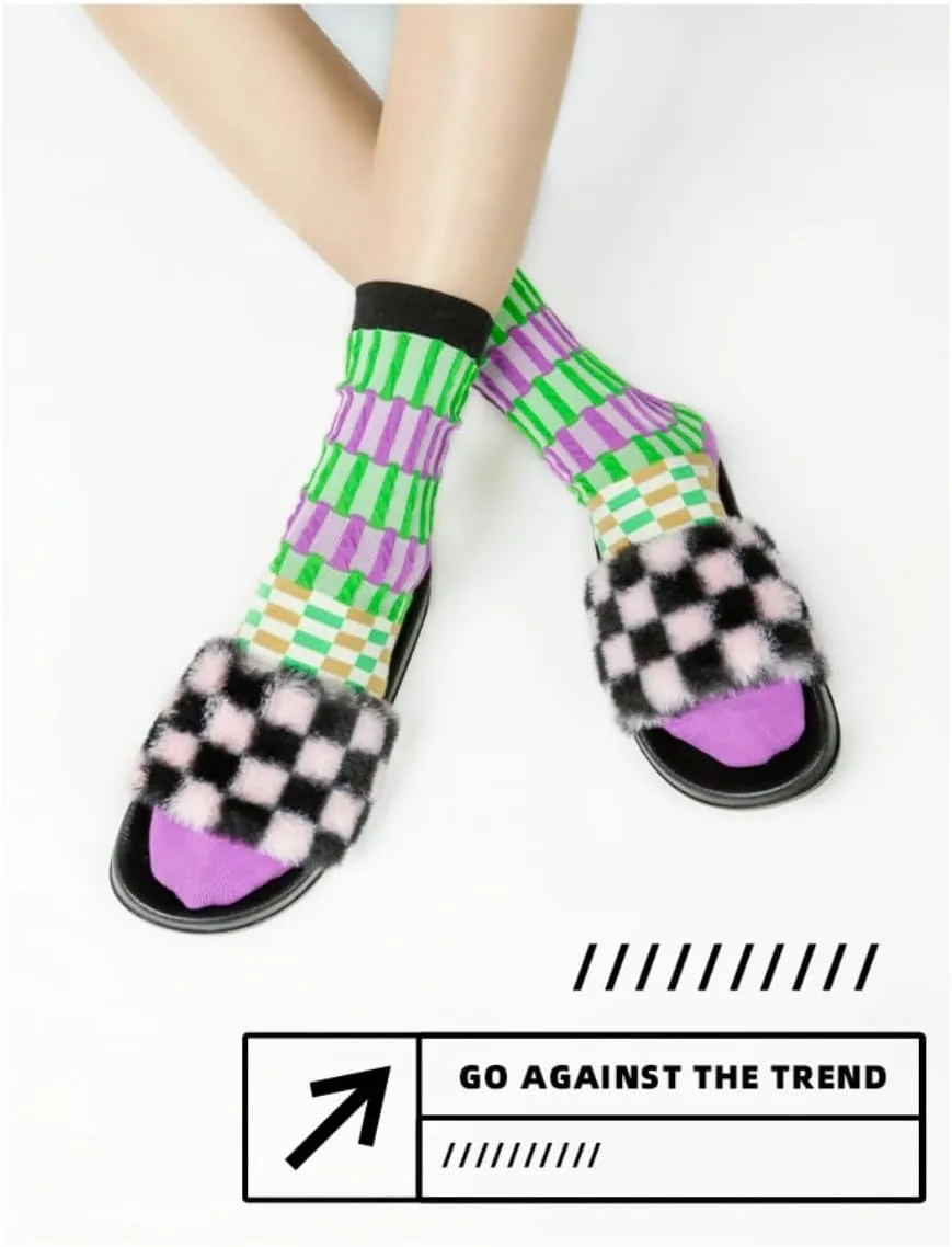 Fluffy Checkered Slippers for Women Men Kawaii Y2K Retro Trendy Non Slip Platform Flats Wide Open Toe Comfort Wear Shoes Cozy Memory Foam Matching Slippers for Couples Mothers Days Gifts