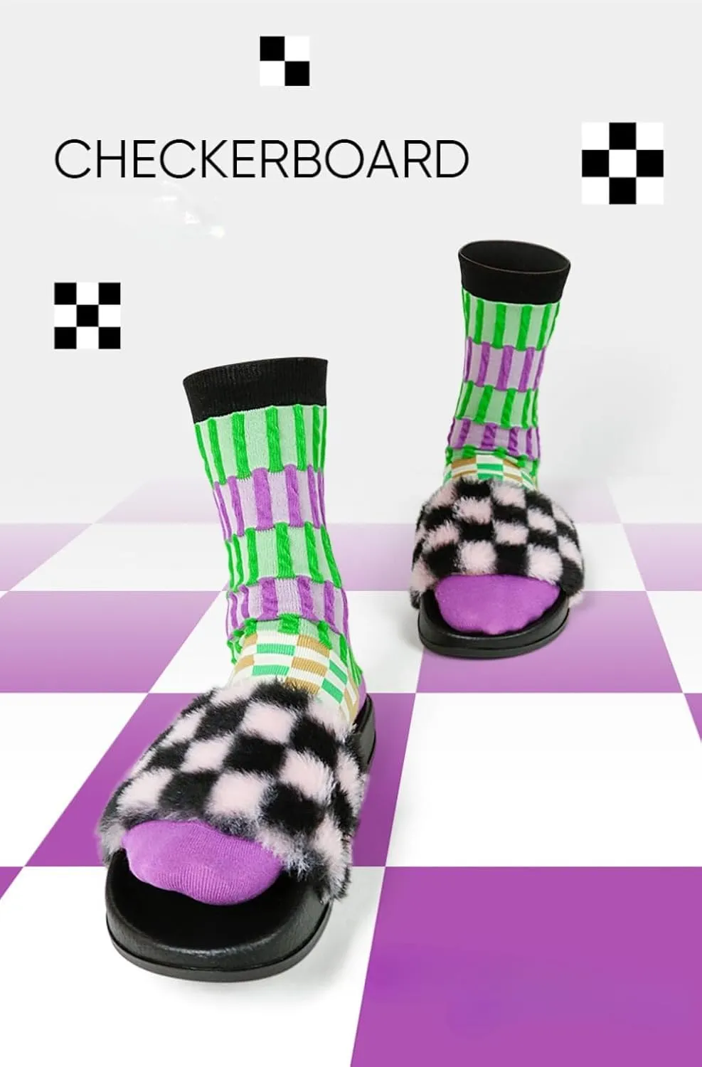 Fluffy Checkered Slippers for Women Men Kawaii Y2K Retro Trendy Non Slip Platform Flats Wide Open Toe Comfort Wear Shoes Cozy Memory Foam Matching Slippers for Couples Mothers Days Gifts