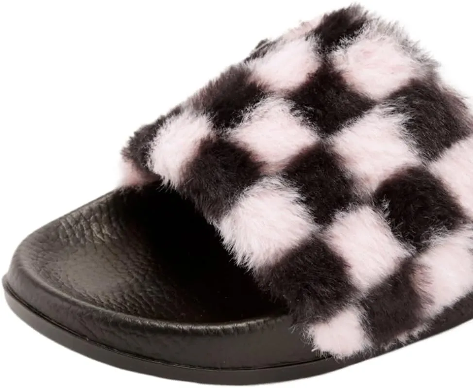 Fluffy Checkered Slippers for Women Men Kawaii Y2K Retro Trendy Non Slip Platform Flats Wide Open Toe Comfort Wear Shoes Cozy Memory Foam Matching Slippers for Couples Mothers Days Gifts