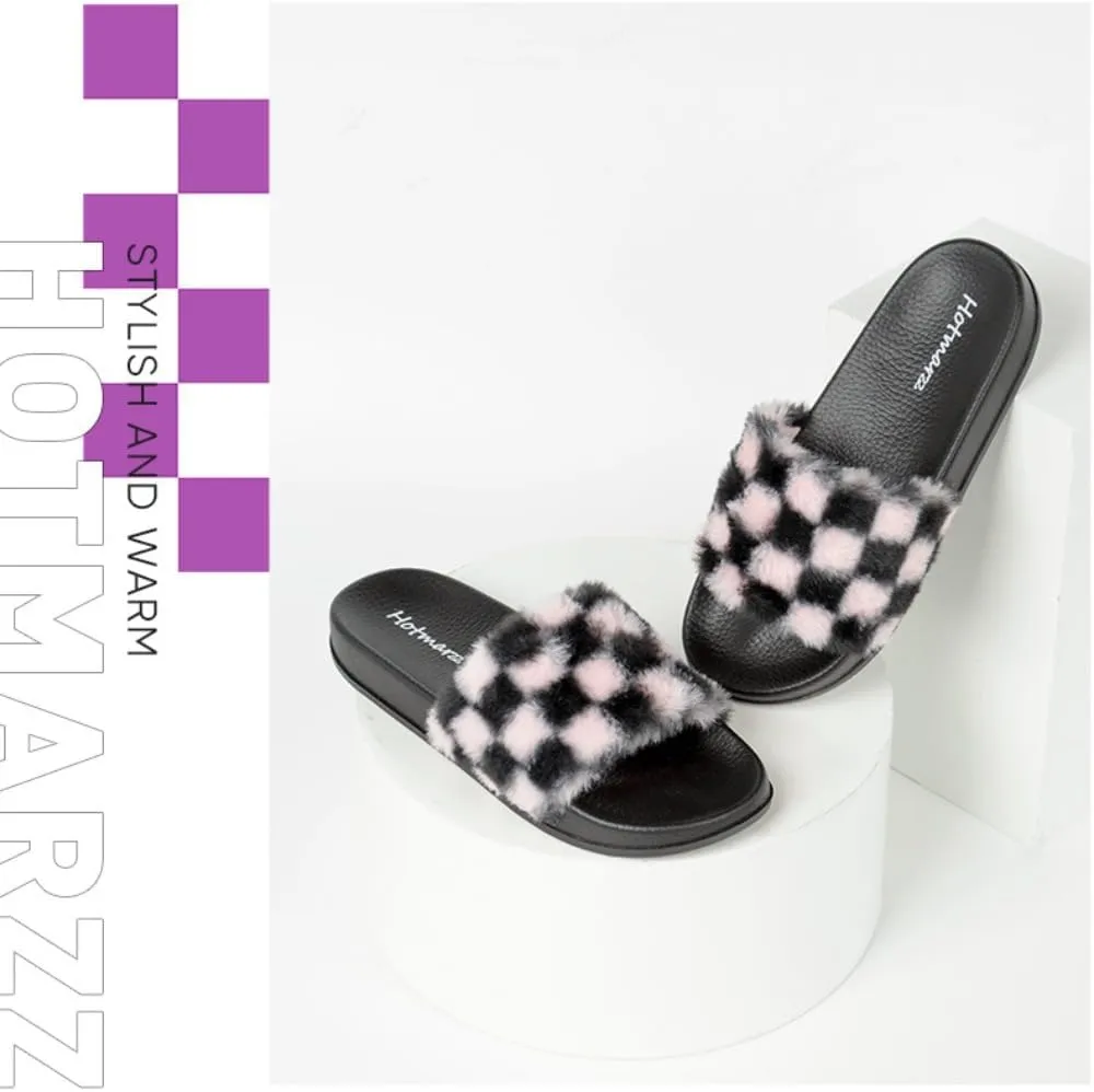 Fluffy Checkered Slippers for Women Men Kawaii Y2K Retro Trendy Non Slip Platform Flats Wide Open Toe Comfort Wear Shoes Cozy Memory Foam Matching Slippers for Couples Mothers Days Gifts