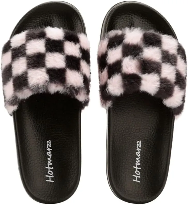 Fluffy Checkered Slippers for Women Men Kawaii Y2K Retro Trendy Non Slip Platform Flats Wide Open Toe Comfort Wear Shoes Cozy Memory Foam Matching Slippers for Couples Mothers Days Gifts