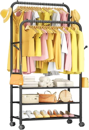 Furologee Clothes Racks for Hanging Clothes, Portable Rolling Garment Rack, Sturdy Metal Freestanding Cloths Rackswith Wheels, Double Rods Wardrobe Racks for Bedroom Laundry Living Room