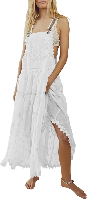 Gacaky Summer Dress for Women Casual Floral Embroidered Bohemian Dress Adjustable Straps Bib Maxi Flowy Dress with Pockets