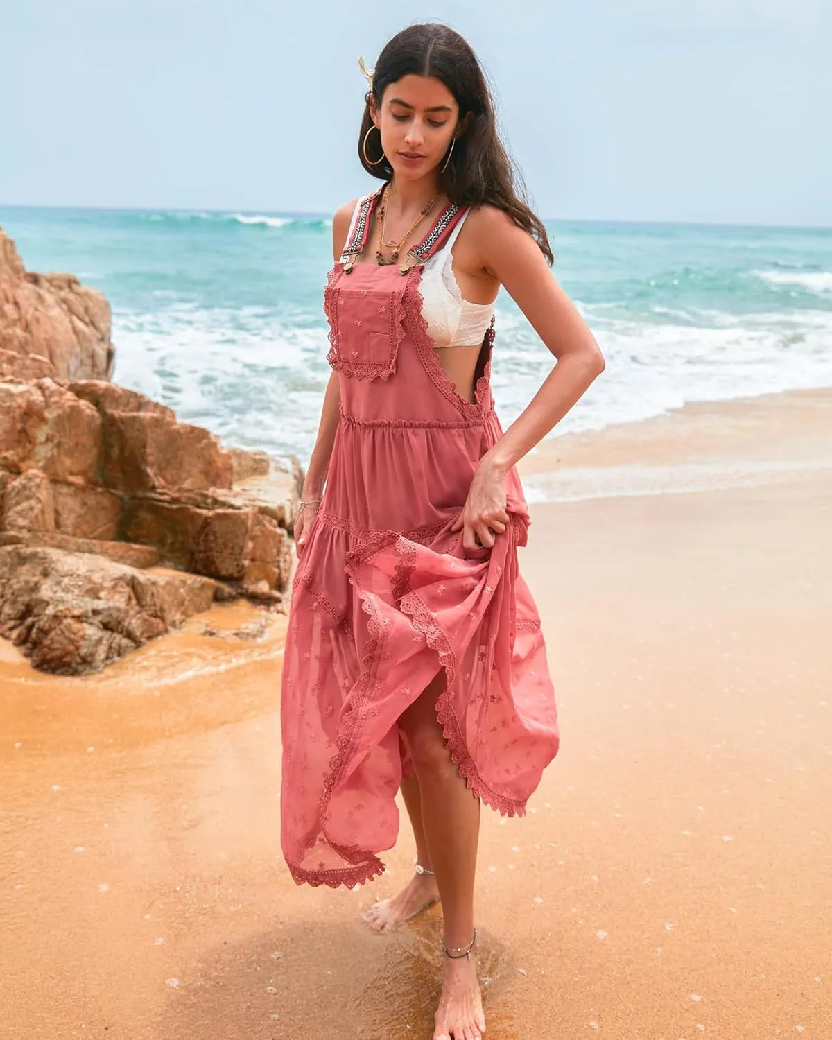 Gacaky Summer Dress for Women Casual Floral Embroidered Bohemian Dress Adjustable Straps Bib Maxi Flowy Dress with Pockets