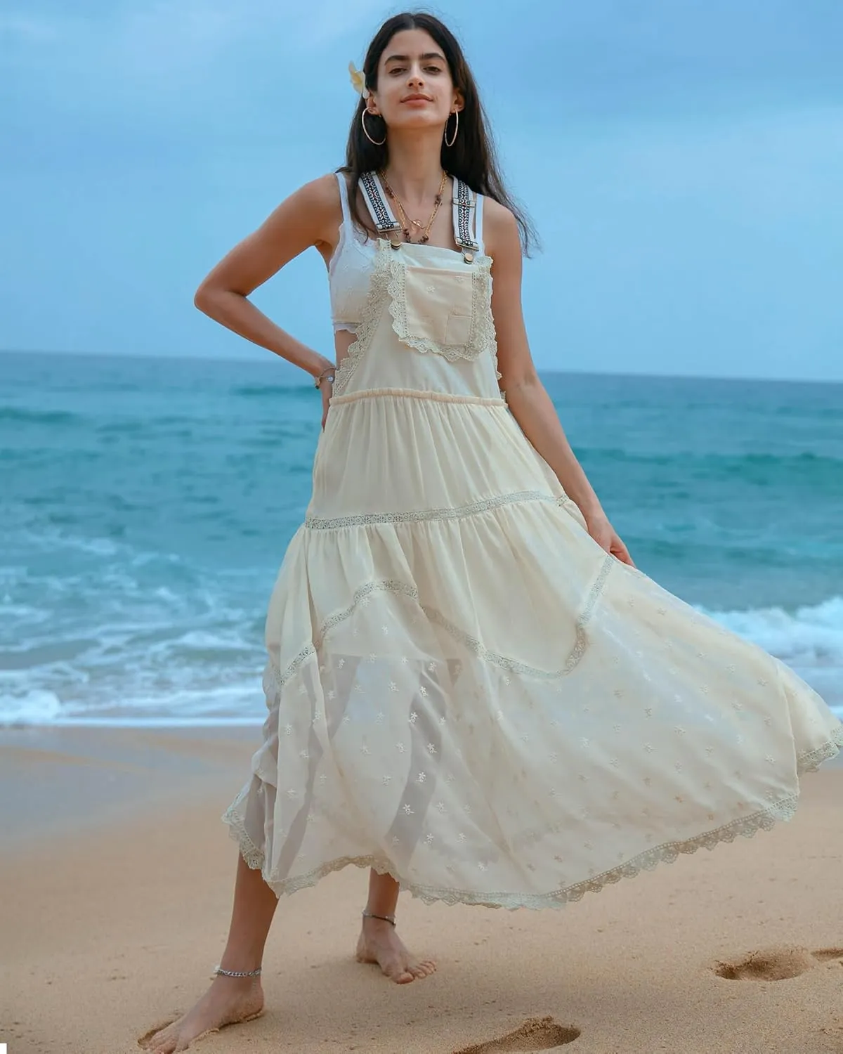 Gacaky Summer Dress for Women Casual Floral Embroidered Bohemian Dress Adjustable Straps Bib Maxi Flowy Dress with Pockets