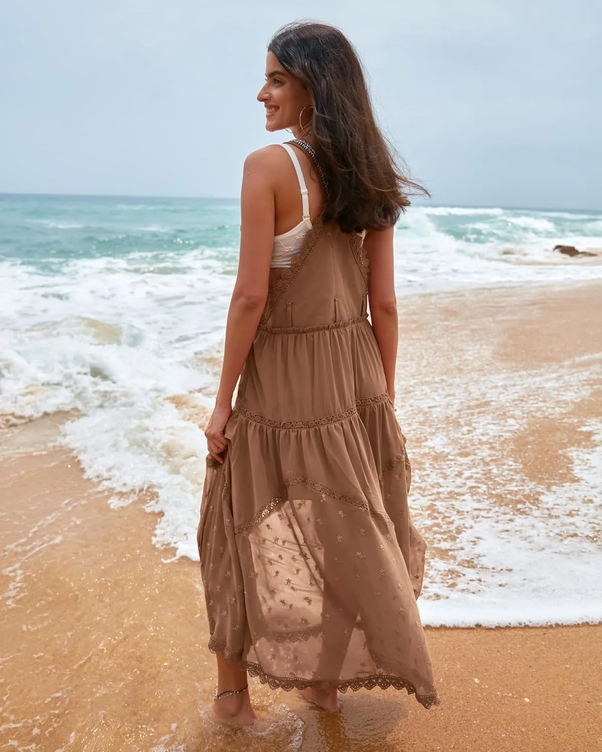 Gacaky Summer Dress for Women Casual Floral Embroidered Bohemian Dress Adjustable Straps Bib Maxi Flowy Dress with Pockets
