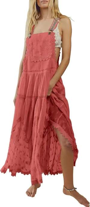 Gacaky Summer Dress for Women Casual Floral Embroidered Bohemian Dress Adjustable Straps Bib Maxi Flowy Dress with Pockets