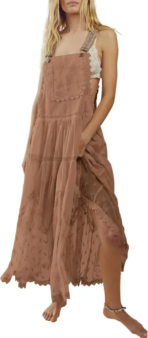Gacaky Summer Dress for Women Casual Floral Embroidered Bohemian Dress Adjustable Straps Bib Maxi Flowy Dress with Pockets