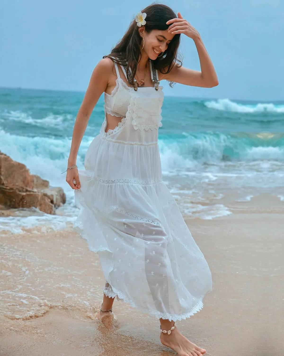 Gacaky Summer Dress for Women Casual Floral Embroidered Bohemian Dress Adjustable Straps Bib Maxi Flowy Dress with Pockets