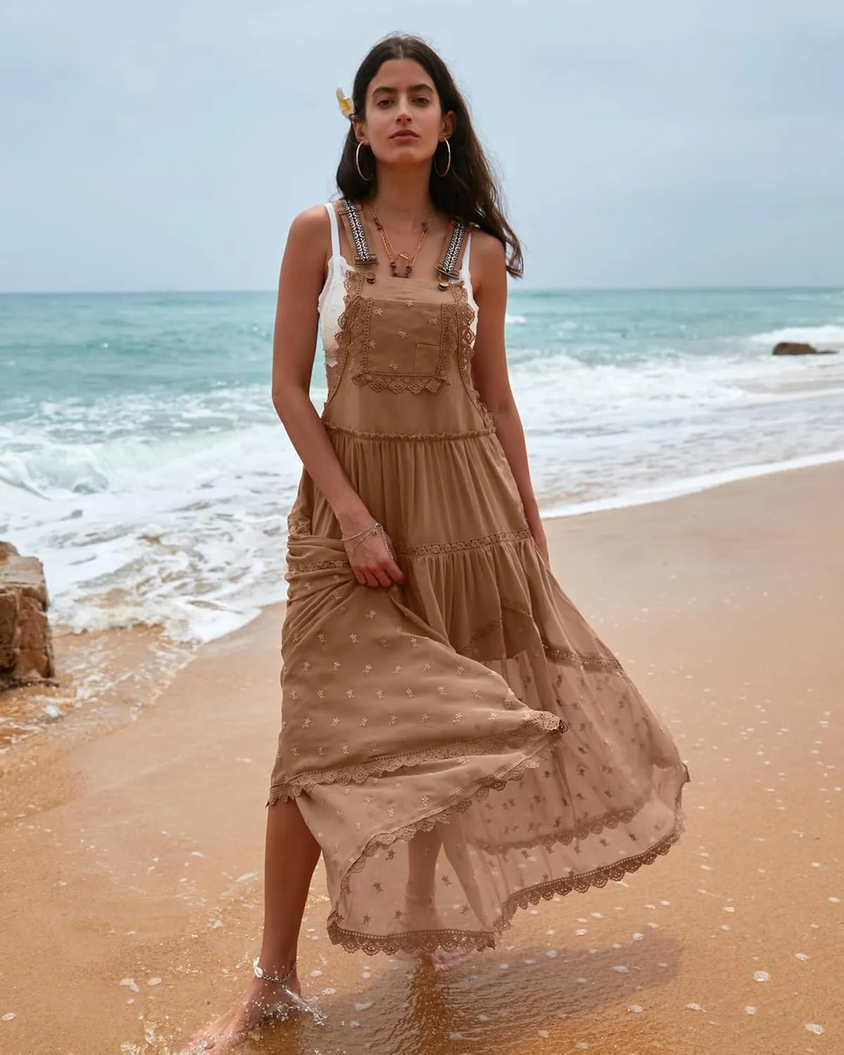 Gacaky Summer Dress for Women Casual Floral Embroidered Bohemian Dress Adjustable Straps Bib Maxi Flowy Dress with Pockets