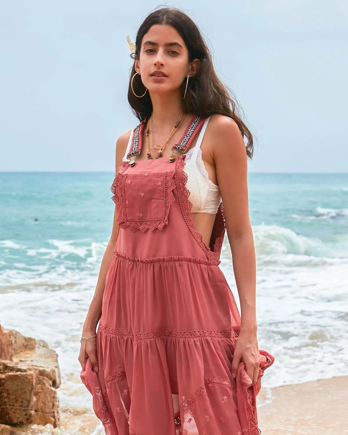Gacaky Summer Dress for Women Casual Floral Embroidered Bohemian Dress Adjustable Straps Bib Maxi Flowy Dress with Pockets