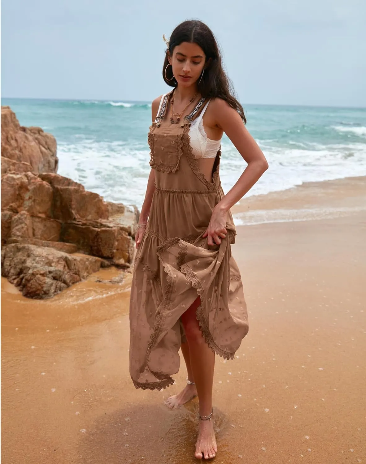 Gacaky Summer Dress for Women Casual Floral Embroidered Bohemian Dress Adjustable Straps Bib Maxi Flowy Dress with Pockets