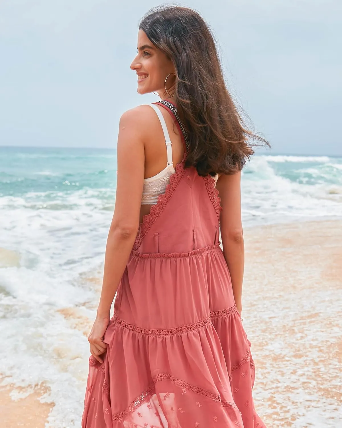 Gacaky Summer Dress for Women Casual Floral Embroidered Bohemian Dress Adjustable Straps Bib Maxi Flowy Dress with Pockets