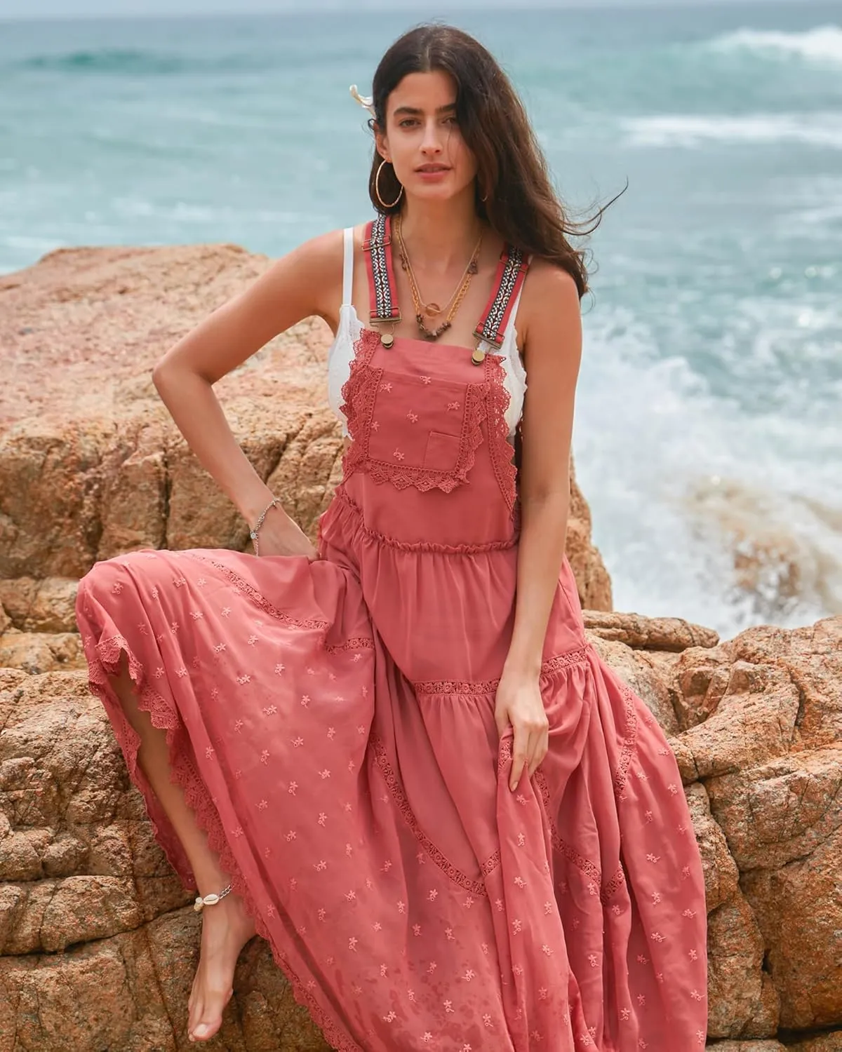Gacaky Summer Dress for Women Casual Floral Embroidered Bohemian Dress Adjustable Straps Bib Maxi Flowy Dress with Pockets