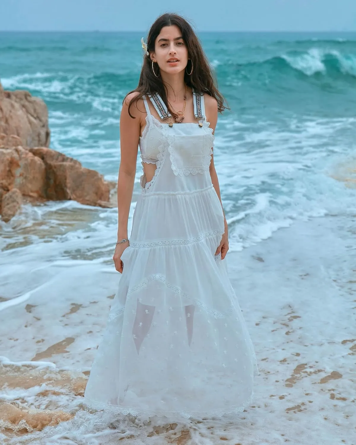 Gacaky Summer Dress for Women Casual Floral Embroidered Bohemian Dress Adjustable Straps Bib Maxi Flowy Dress with Pockets
