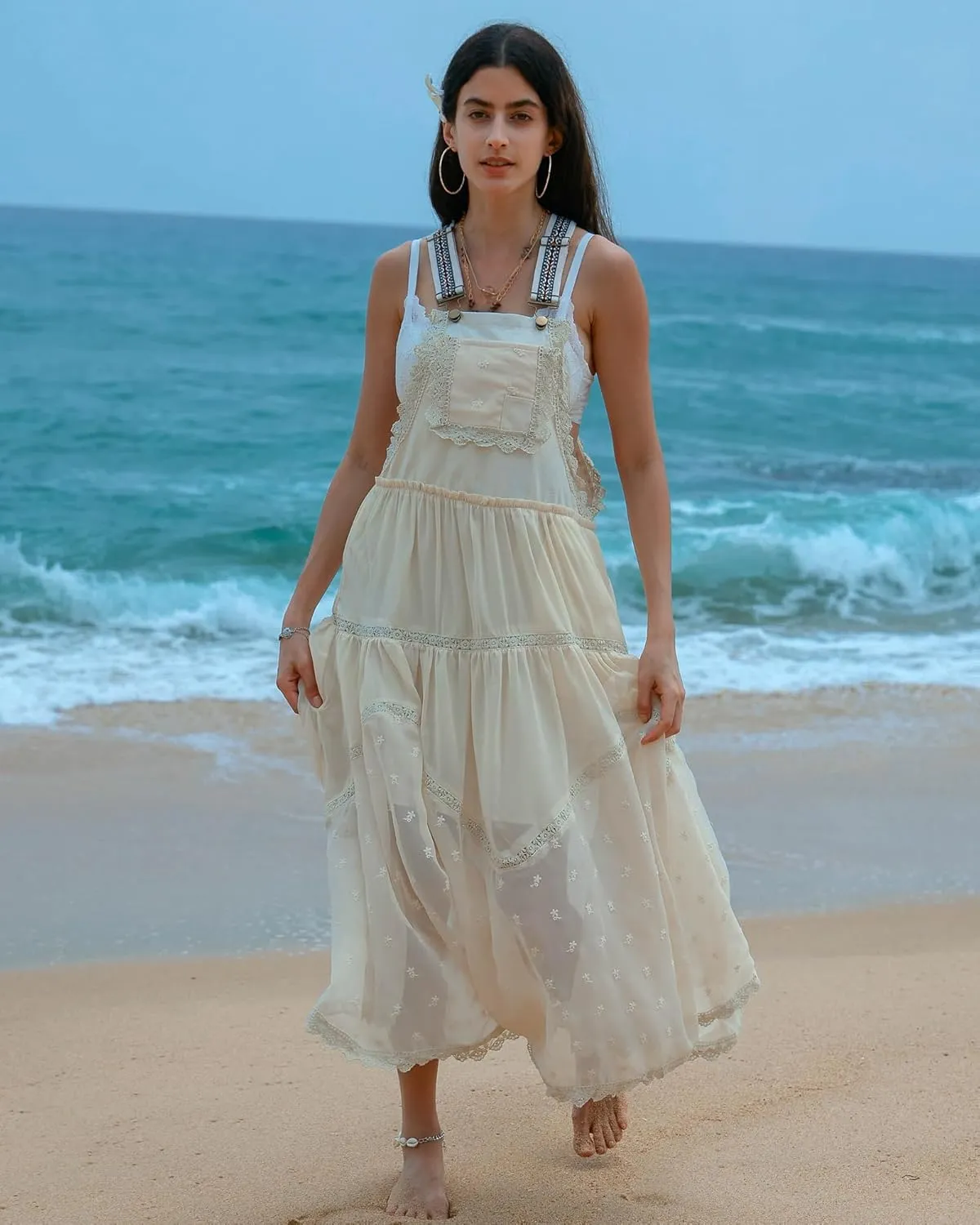 Gacaky Summer Dress for Women Casual Floral Embroidered Bohemian Dress Adjustable Straps Bib Maxi Flowy Dress with Pockets