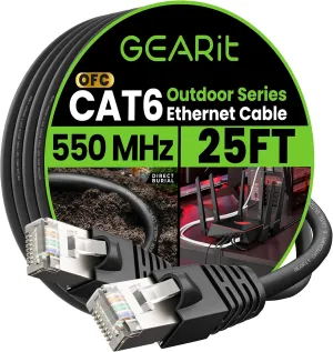 GEARit Cat6 Outdoor Ethernet Cable (25ft) 23AWG Pure Copper, FTP, LLDPE, Waterproof, Direct Burial, In-Ground, UV Resistant, POE, Network, LAN, Internet, Cat 6, Cat6 Cable - 25 Feet