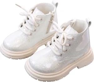 Girls Patent Ankle Boots Side Zipper Waterproof Non-Slip Booties Lace Up Outdoor Combat Boot